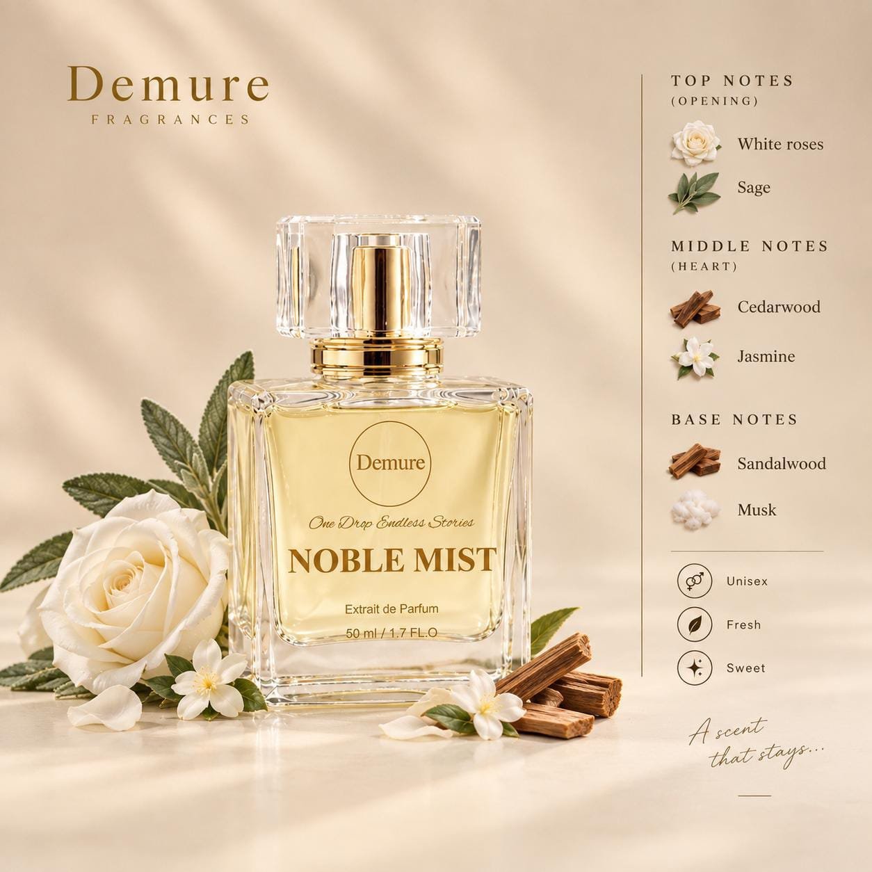 Elegant Noble Mist fragrance bottle with floral design and notes.