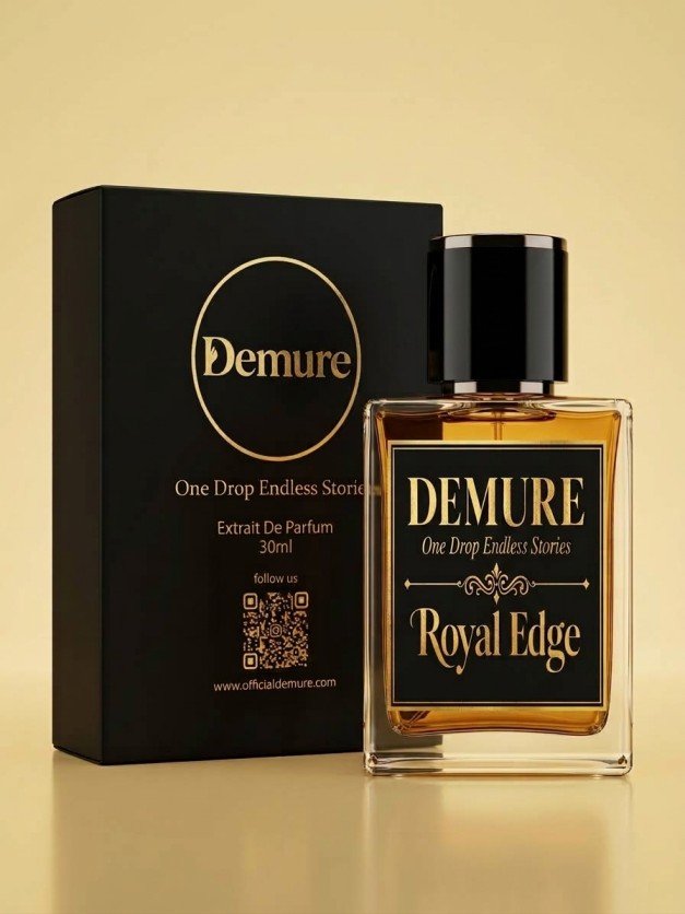Demure Royal Edge 30ml fragrance bottle with elegant black box