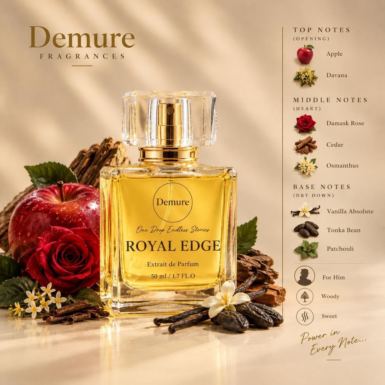 Demure Royal Edge 50ml fragrance with rose and spice elements