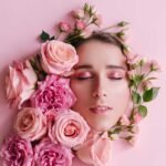 Woman's face surrounded by pink roses on pastel background
